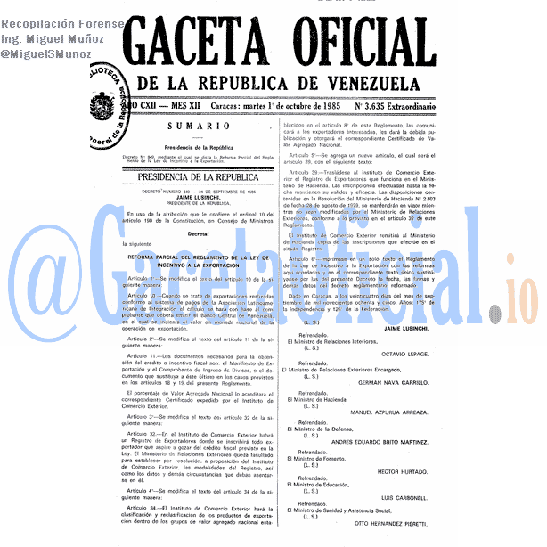 Gaceta Oficial 3635 del 1 Octubre 1985