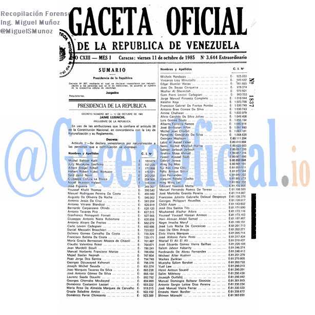 Gaceta Oficial 3644 del 11 Octubre 1985