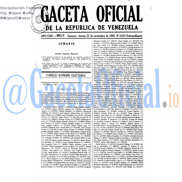 Gaceta Oficial 3651 del 22 Noviembre 1985