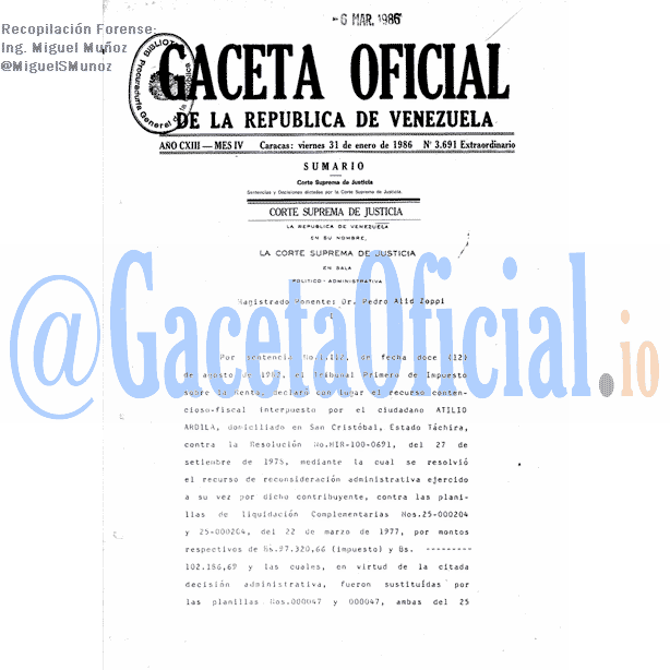 Gaceta Oficial 3691 del 31 Enero 1986