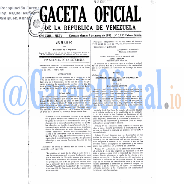 Gaceta Oficial 3713 del 7 Marzo 1986