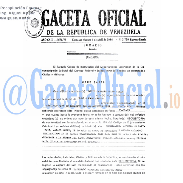 Gaceta Oficial 3730 del 4 Abril 1986