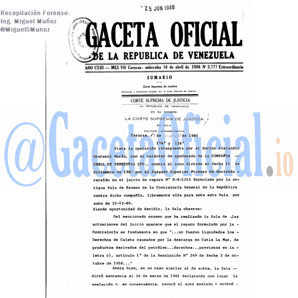 Gaceta Oficial 3777 del 16 Abril 1986