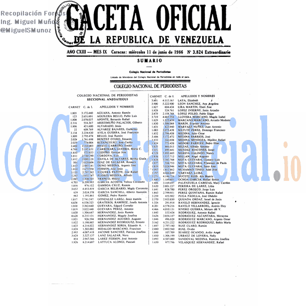 Gaceta Oficial 3824 del 11 Junio 1986