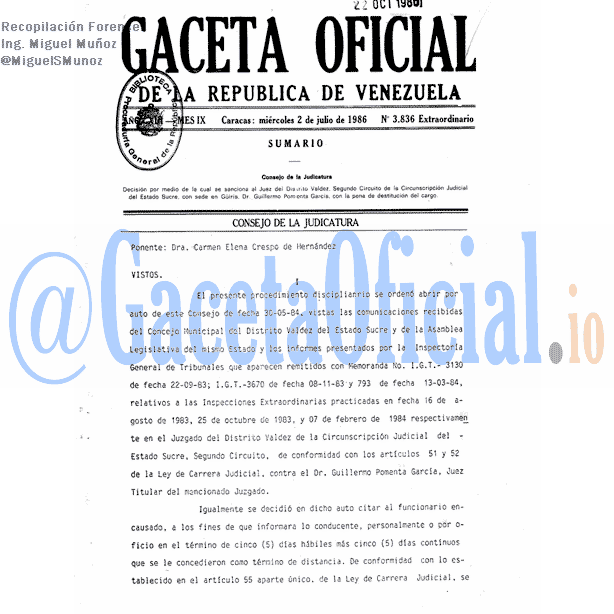 Gaceta Oficial 3836 del 2 Julio 1986