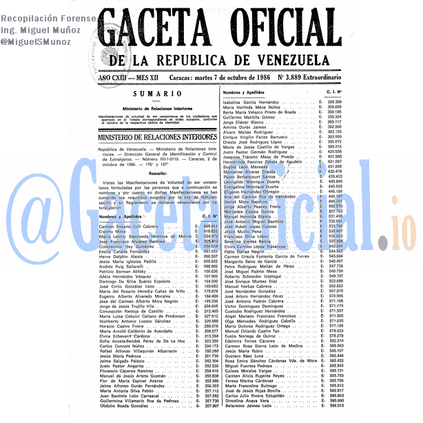 Gaceta Oficial 3889 del 7 Octubre 1986