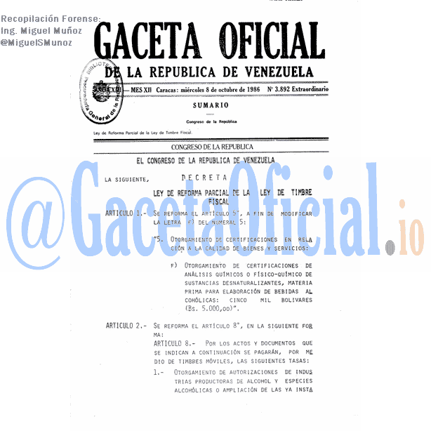 Gaceta Oficial 3892 del 8 Octubre 1986