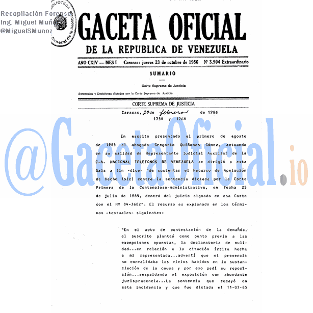 Gaceta Oficial 3904 del 23 Octubre 1986