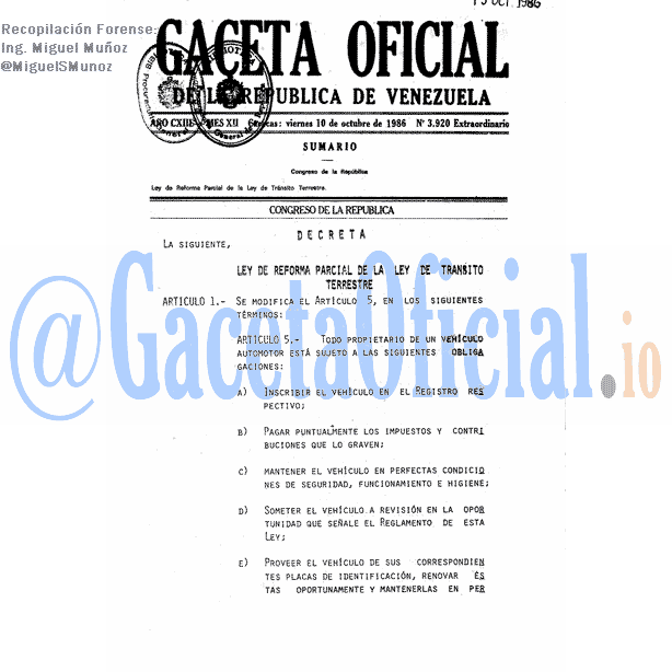 Gaceta Oficial 3920 del 10 Octubre 1986