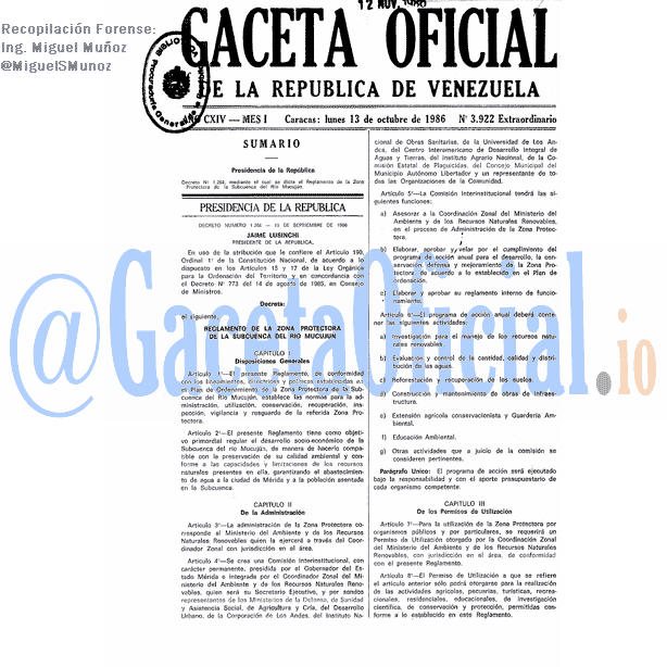 Gaceta Oficial 3922 del 13 Octubre 1986