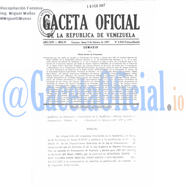 Gaceta Oficial 3958 del 9 Febrero 1987