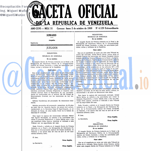 Gaceta Oficial 4129 del 2 Octubre 1989