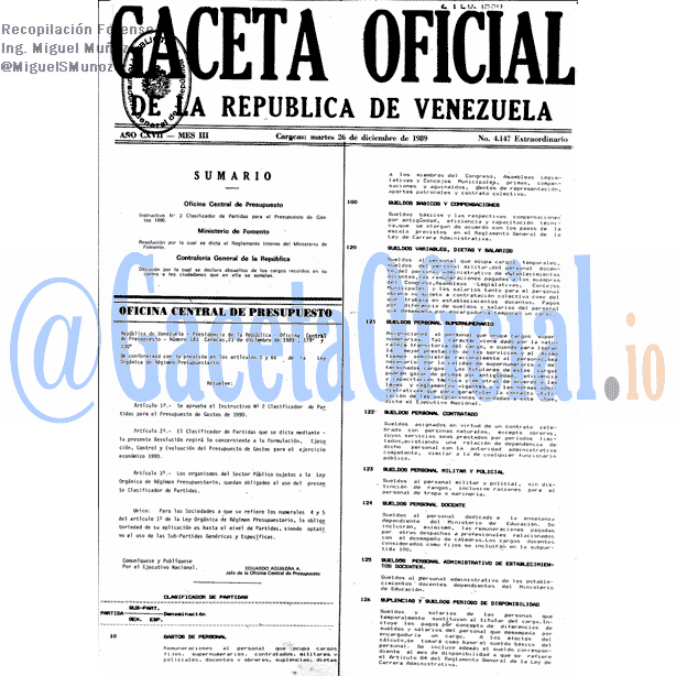 Gaceta Oficial 4147 del 26 Diciembre 1989