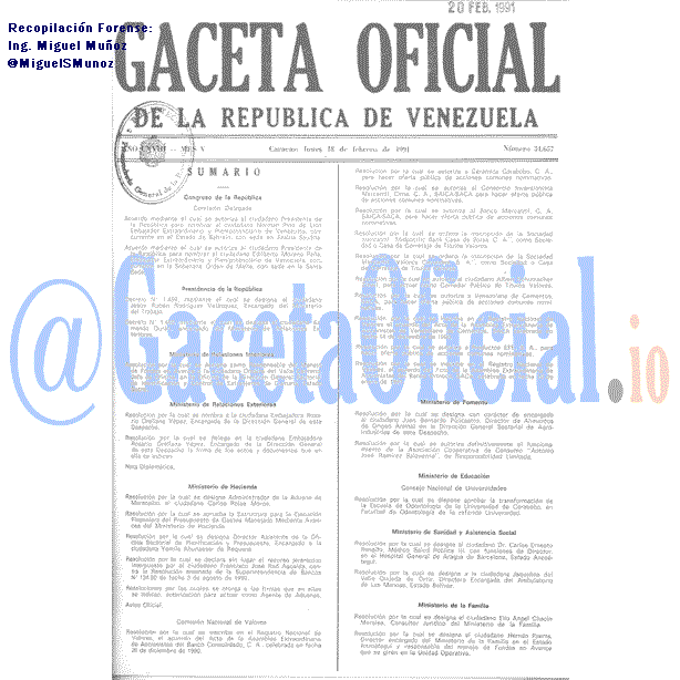 Gaceta Oficial 34657 del 18 Febrero 1991