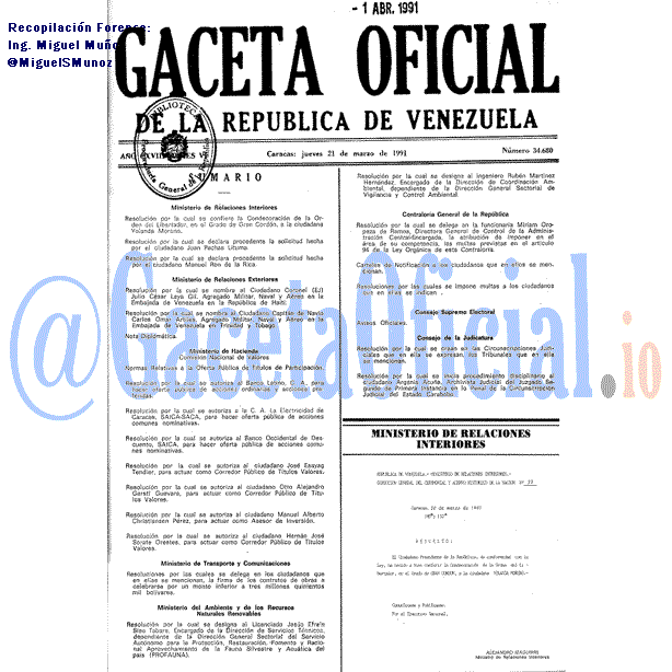 Gaceta Oficial 34680 del 21 Marzo 1991