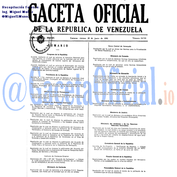 Gaceta Oficial 34745 del 28 Junio 1991