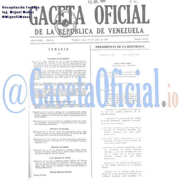 Gaceta Oficial 34753 del 11 Julio 1991