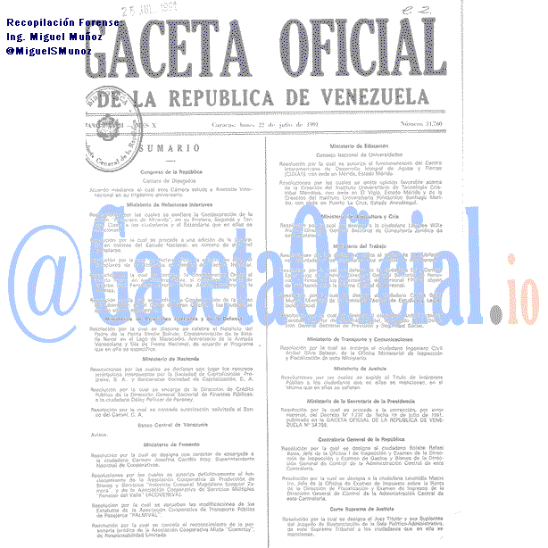 Gaceta Oficial 34760 del 22 Julio 1991