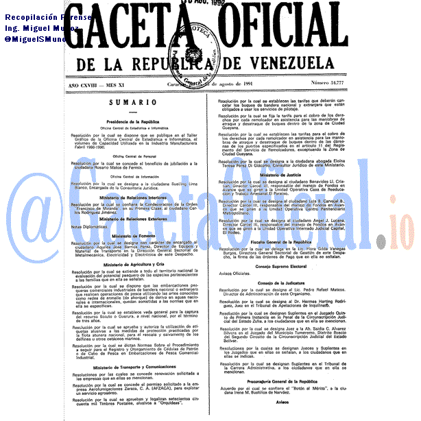 Gaceta Oficial 34777 del 15 Agosto 1991
