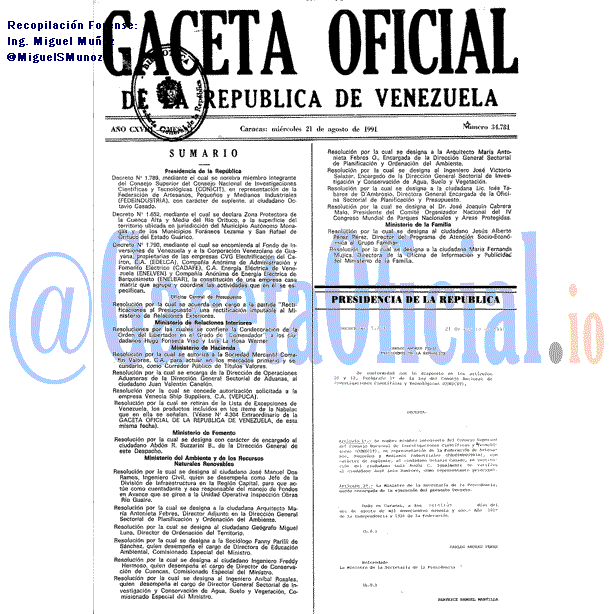 Gaceta Oficial 34781 del 21 Agosto 1991