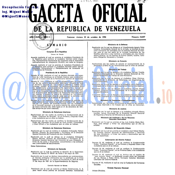 Gaceta Oficial 34827 del 25 Octubre 1991