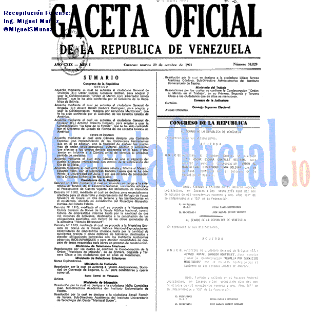 Gaceta Oficial 34829 del 29 Octubre 1991