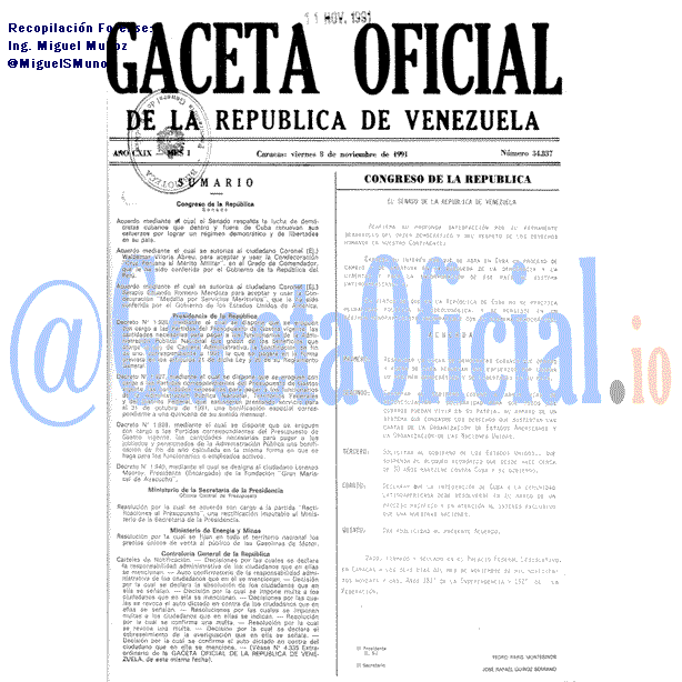 Gaceta Oficial 34837 del 8 Noviembre 1991