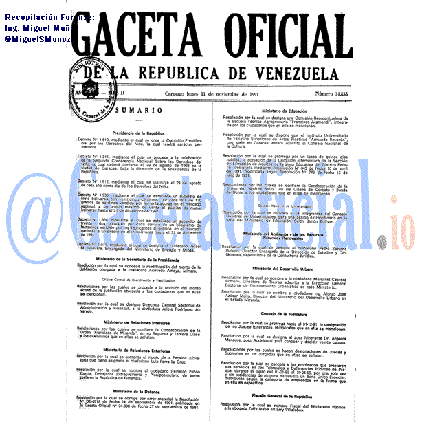 Gaceta Oficial 34838 del 11 Noviembre 1991