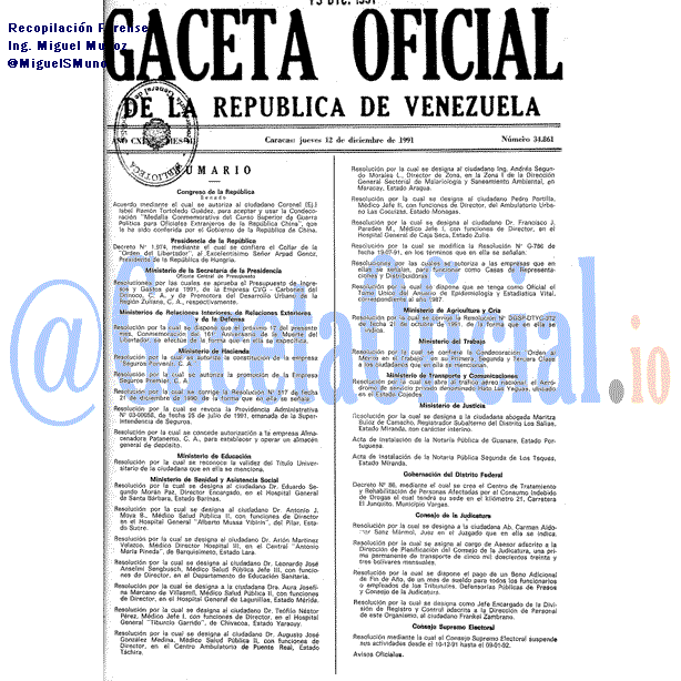Gaceta Oficial 34861 del 12 Diciembre 1991