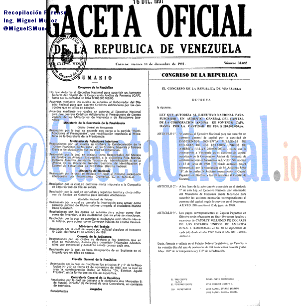 Gaceta Oficial 34862 del 13 Diciembre 1991