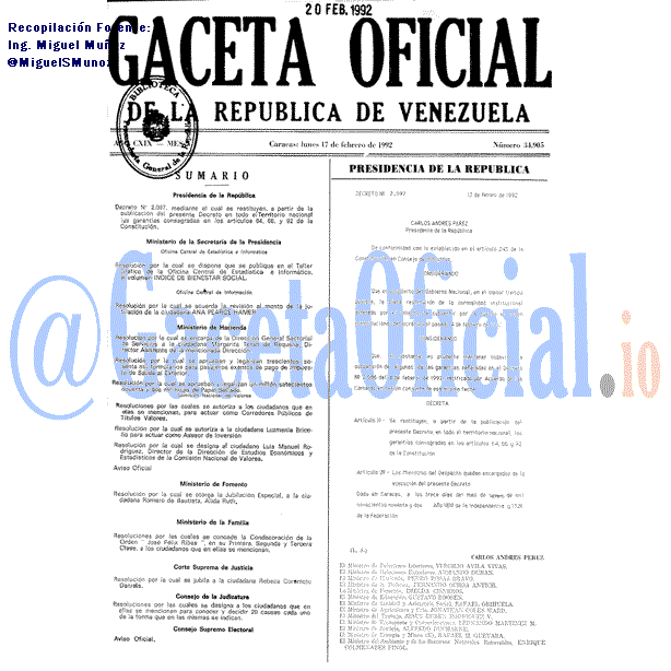 Gaceta Oficial 34905 del 17 Febrero 1992