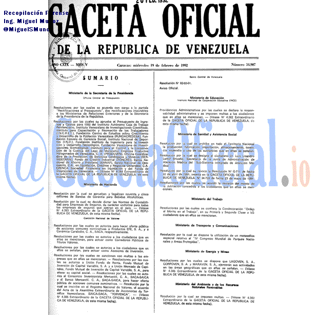 Gaceta Oficial 34907 del 19 Febrero 1992