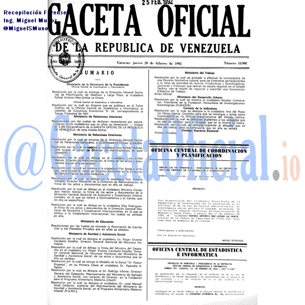 Gaceta Oficial 34908 del 20 Febrero 1992