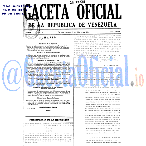 Gaceta Oficial 34909 del 21 Febrero 1992