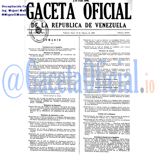 Gaceta Oficial 34910 del 24 Febrero 1992