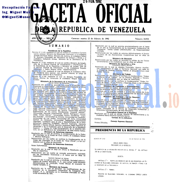 Gaceta Oficial 34911 del 25 Febrero 1992