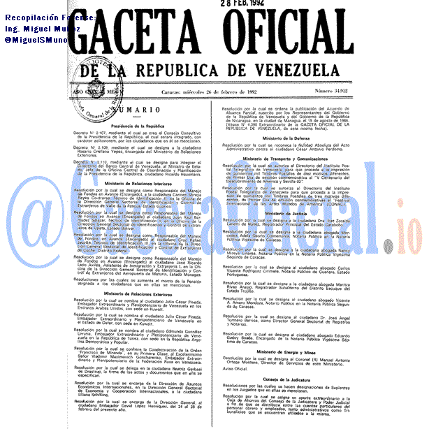 Gaceta Oficial 34912 del 26 Febrero 1992