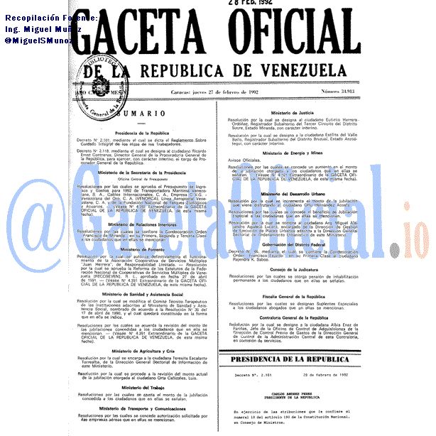 Gaceta Oficial 34913 del 27 Febrero 1992