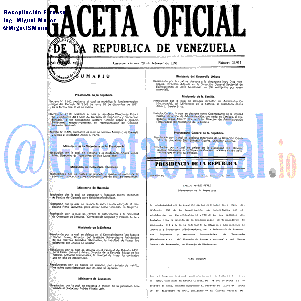 Gaceta Oficial 34914 del 28 Febrero 1992