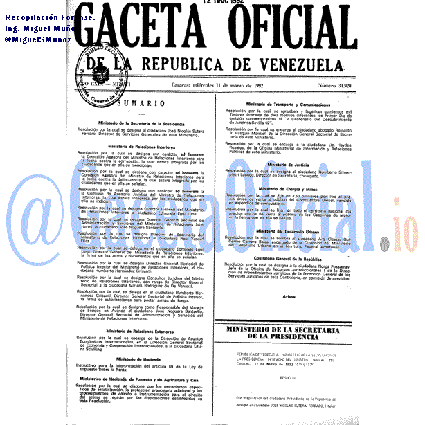 Gaceta Oficial 34920 del 11 Marzo 1992