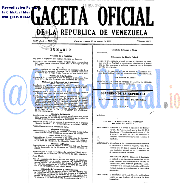 Gaceta Oficial 34922 del 13 Marzo 1992