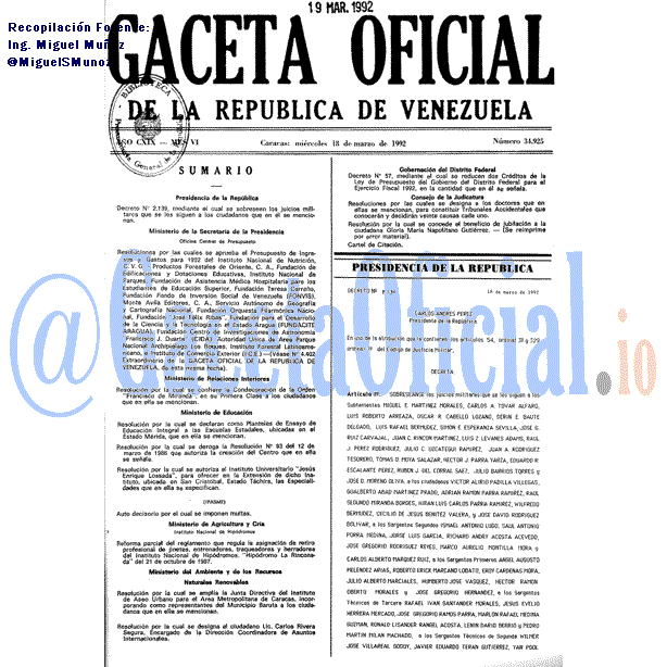 Gaceta Oficial 34925 del 18 Marzo 1992