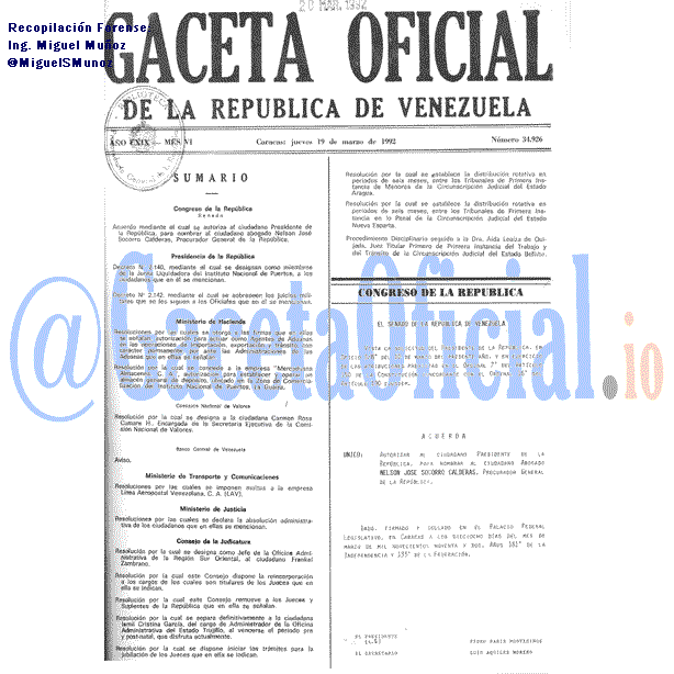 Gaceta Oficial 34926 del 19 Marzo 1992