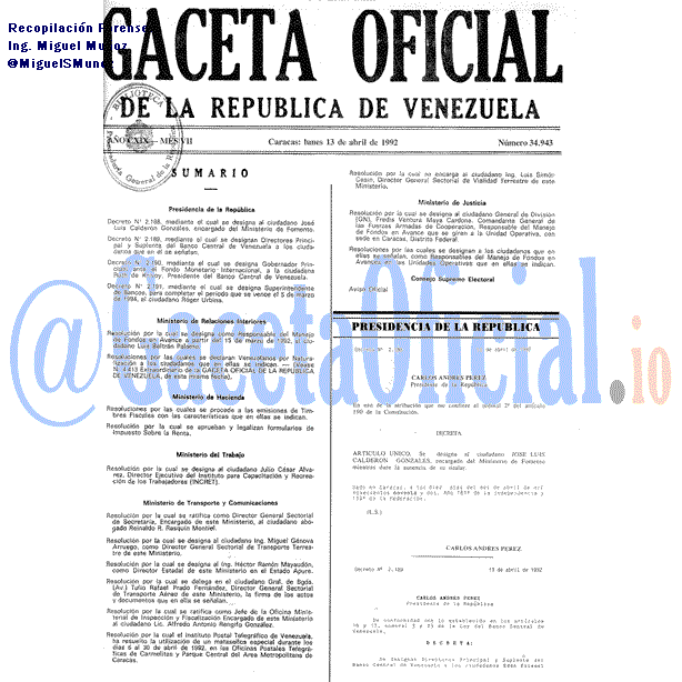 Gaceta Oficial 34943 del 13 Abril 1992