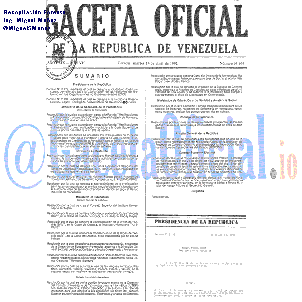 Gaceta Oficial 34944 del 14 Abril 1992
