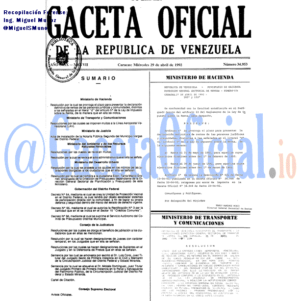 Gaceta Oficial 34953 del 29 Abril 1992
