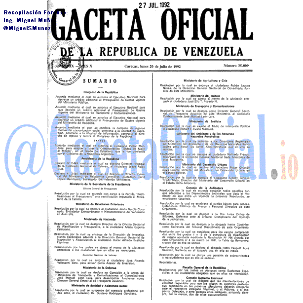 Gaceta Oficial 35009 del 20 Julio 1992