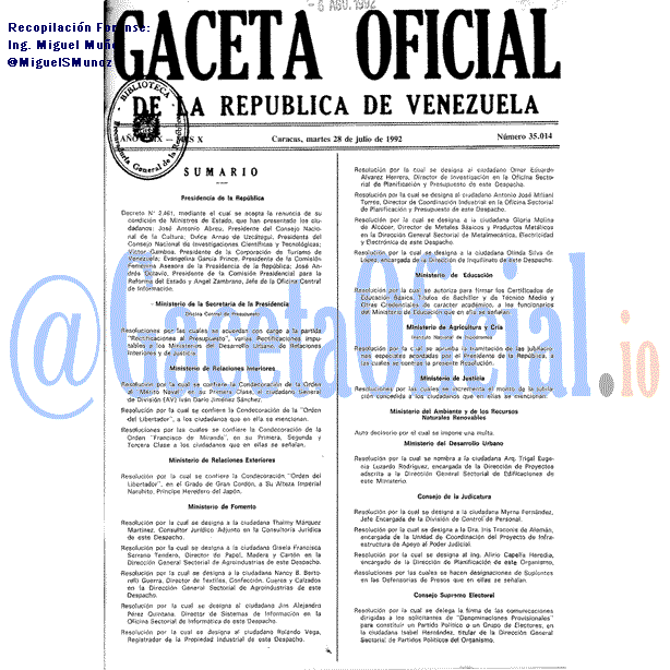 Gaceta Oficial 35014 del 28 Julio 1992