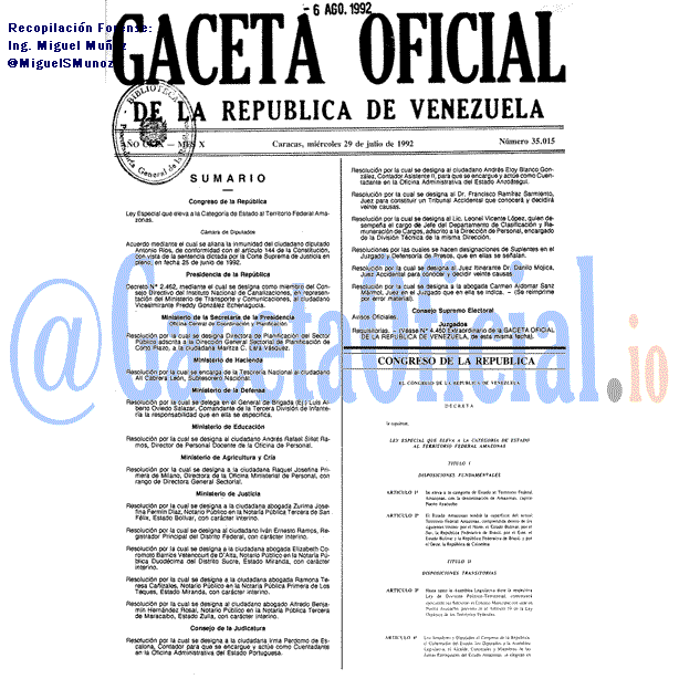 Gaceta Oficial 35015 del 29 Julio 1992