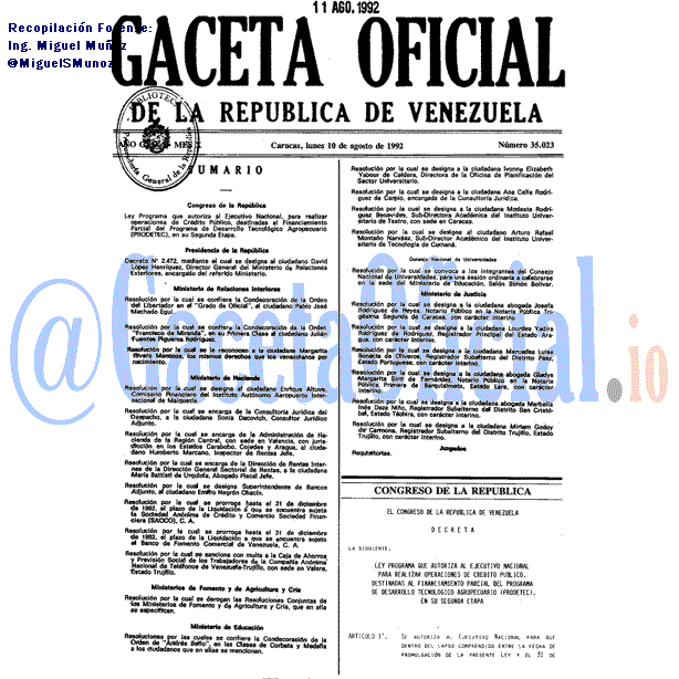 Gaceta Oficial 35023 del 10 Agosto 1992